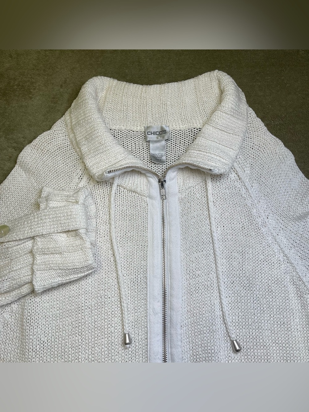 Chico's White Full-Zip Cable Knit Cardigan Sweater Size 3 (16) Rolled Sleeves